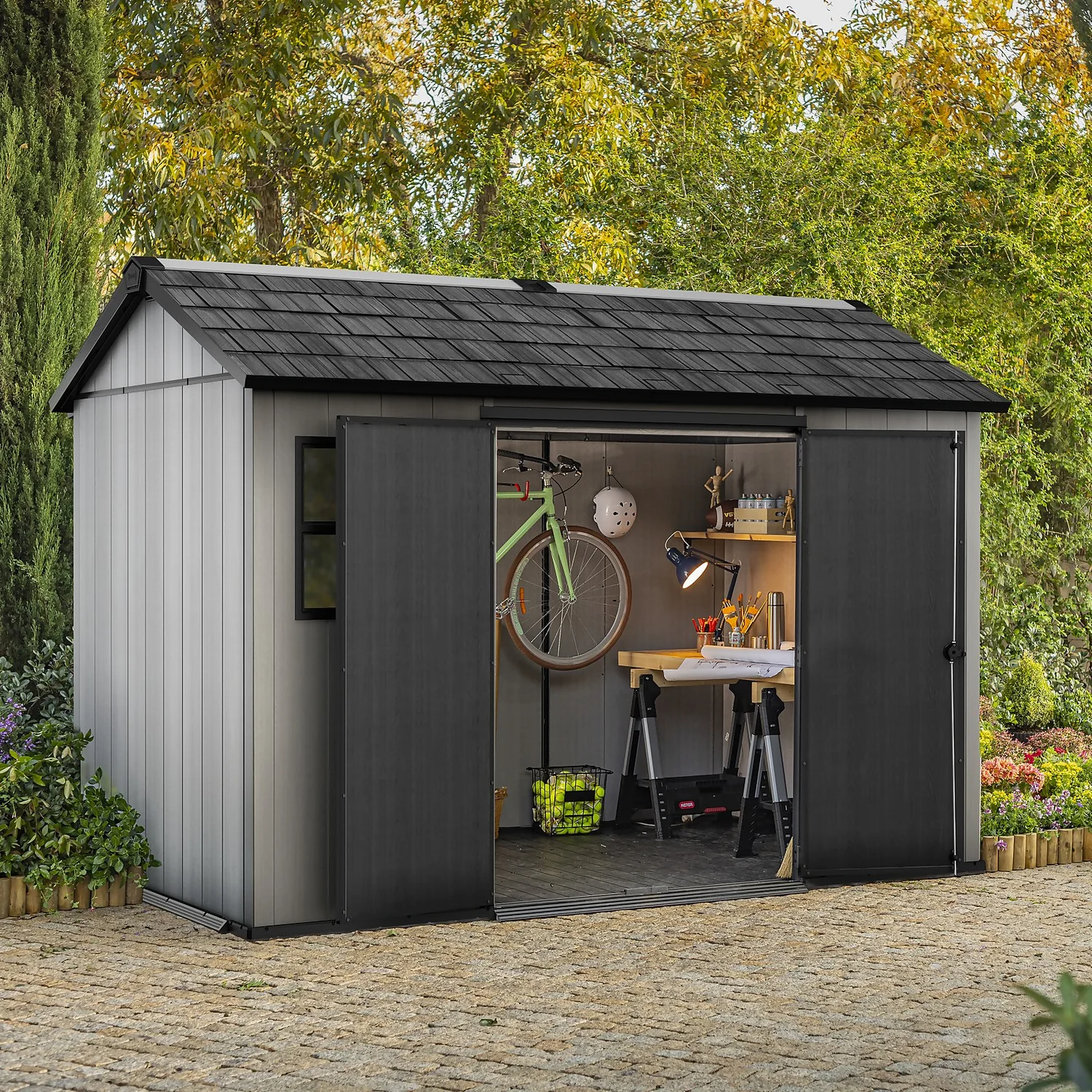 Keter Oakland 11 X 7.5ft Outdoor Garden Apex Storage Shed - Grey 3 Keter Oakland 11 X 7.5ft Outdoor Garden Apex Storage Shed - Grey - Image 3