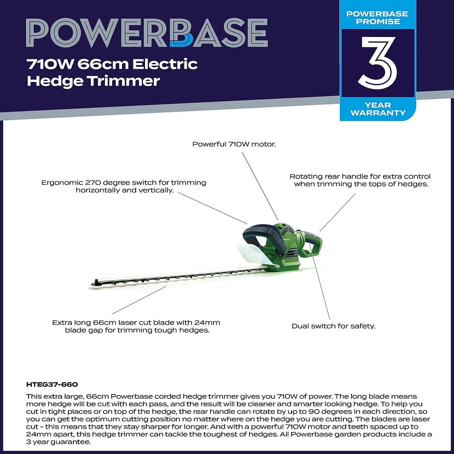 Powerbase 710W Electric Hedge Trimmer - 66cm 2 Powerbase 710W Electric Hedge Trimmer - 66cm - Image 2