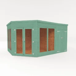 Country Living Premium Ribble 9ft X 13ft Corner Summerhouse With Side Shed Painted + Installation - Aurora Green